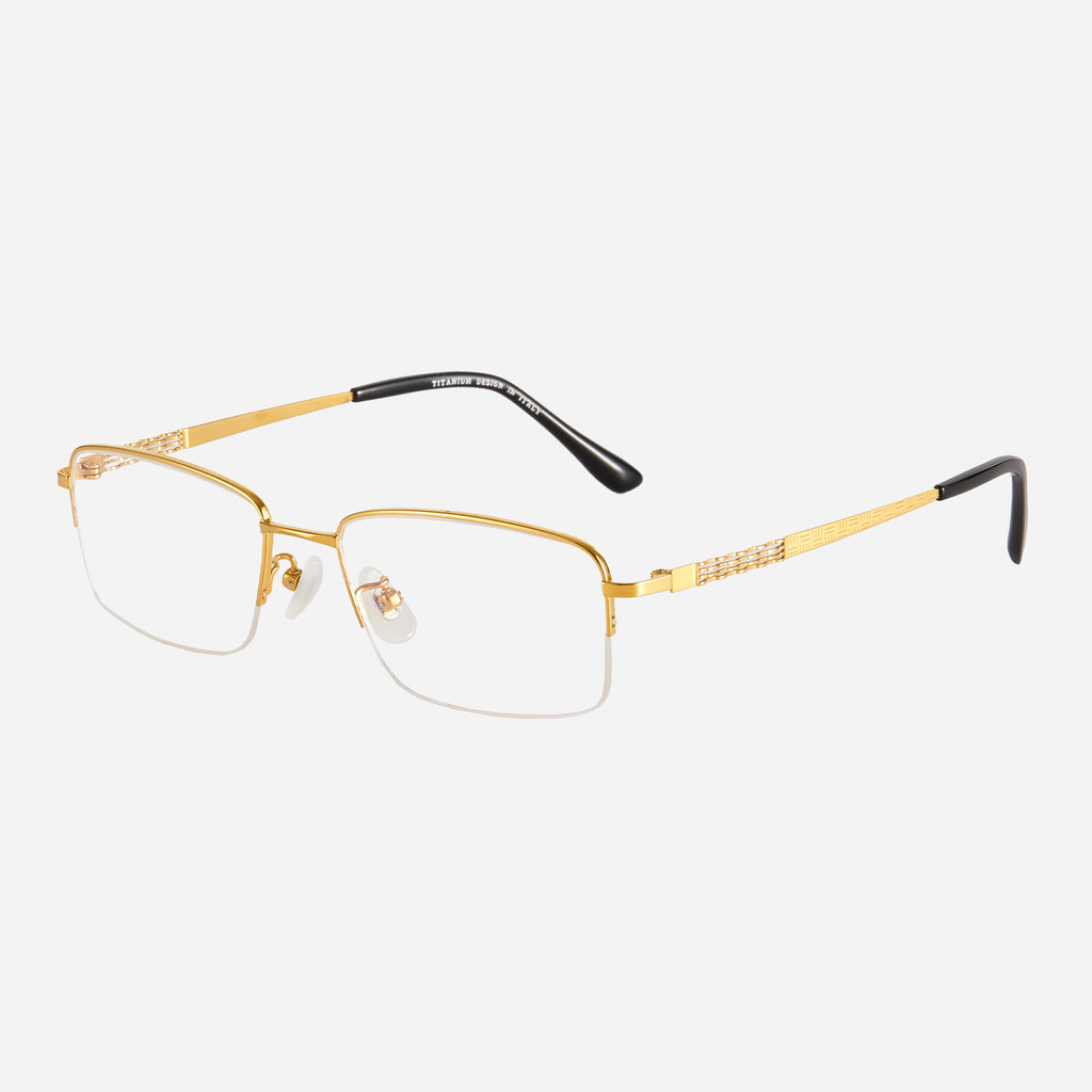 Bold square gold titanium eyeglasses with engraved temple design